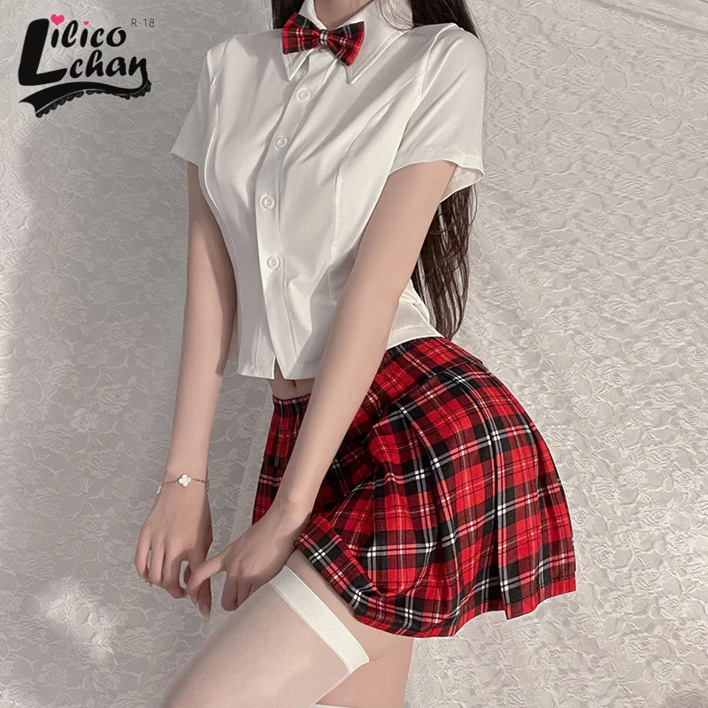 

Japanese Plaid Women Schoolgirl Uniform Kawaii Tempatation Cosplay Costumes with Mini Skirt Sexy Lingerie Sweet Student Outfit