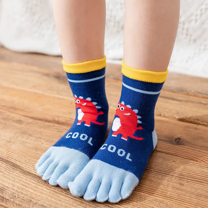 5 Pairs Cute Kids Cartoon Socks with Toes Pure Cotton Dinosaur Pattern 5 Finger Socks Infants Baby Boy Girl Correction Toe Socks