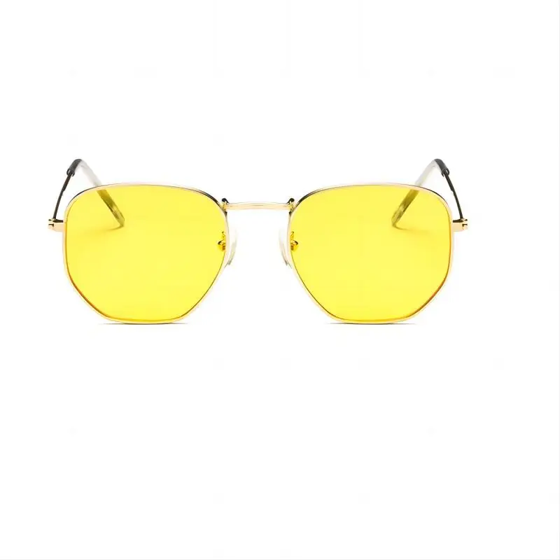 Fashionable metal frame hexagonal coloured lens sunglasses Women's daily street wear accessories Polarised square UV protection