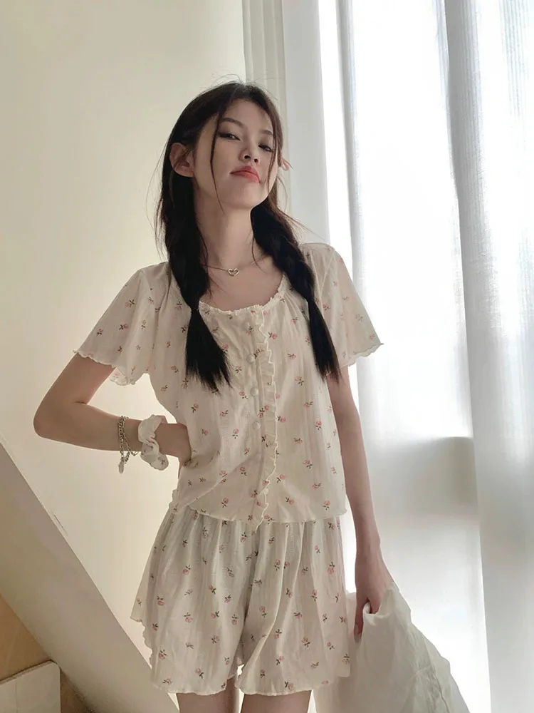 Cotton Short-Sleeved Shorts Pajama For Women Summer New Cardigan Round Neck Printed Sleepwear Casual Soft Ladies Home Nightgown