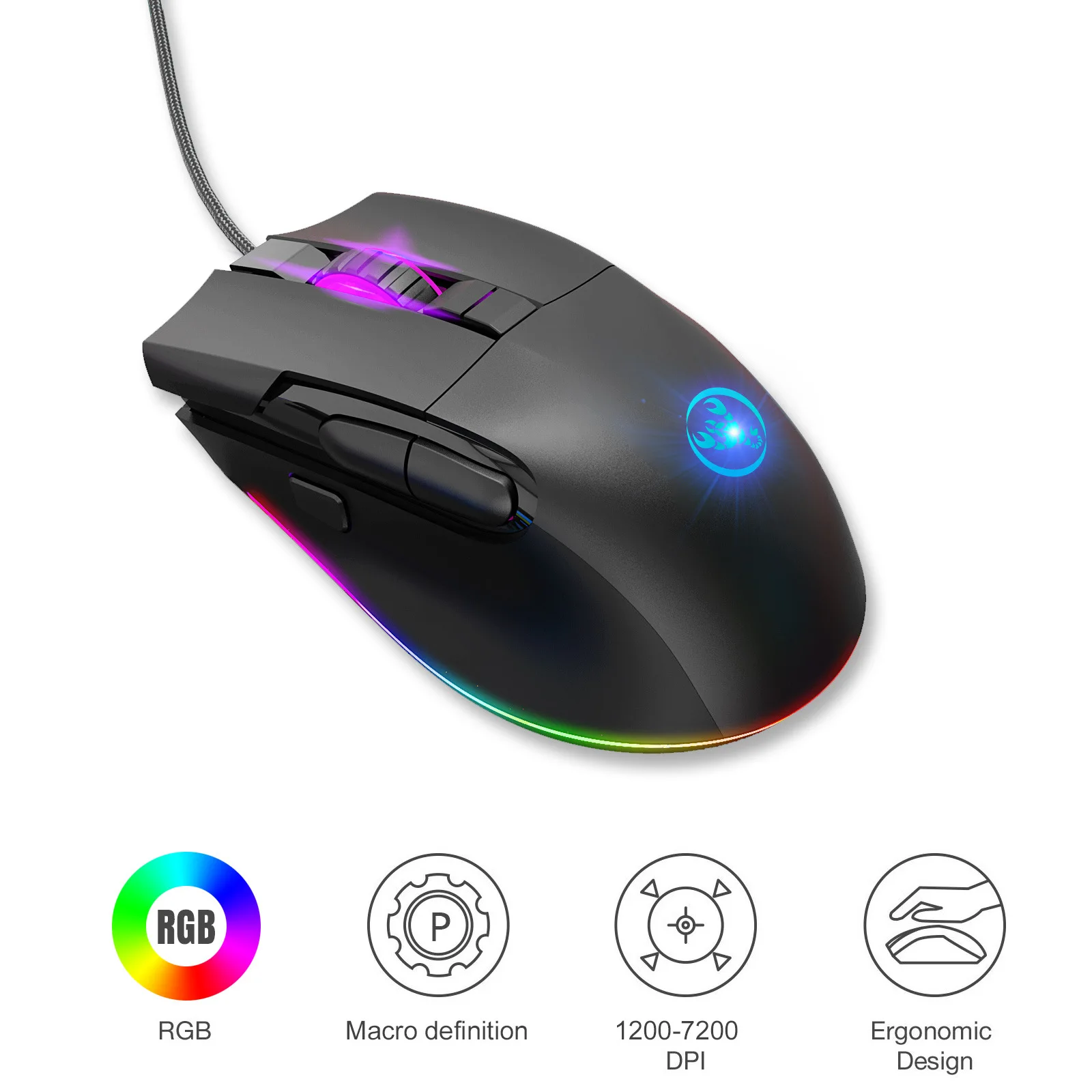 RGB Gaming Mouse Wired, 8 Programmable Buttons Computer Mouse, 6 Adjustable  DPI [1200/1600/2400/3200/4800/7200 dpi], Ergonomic Mouse with 13 Backlight