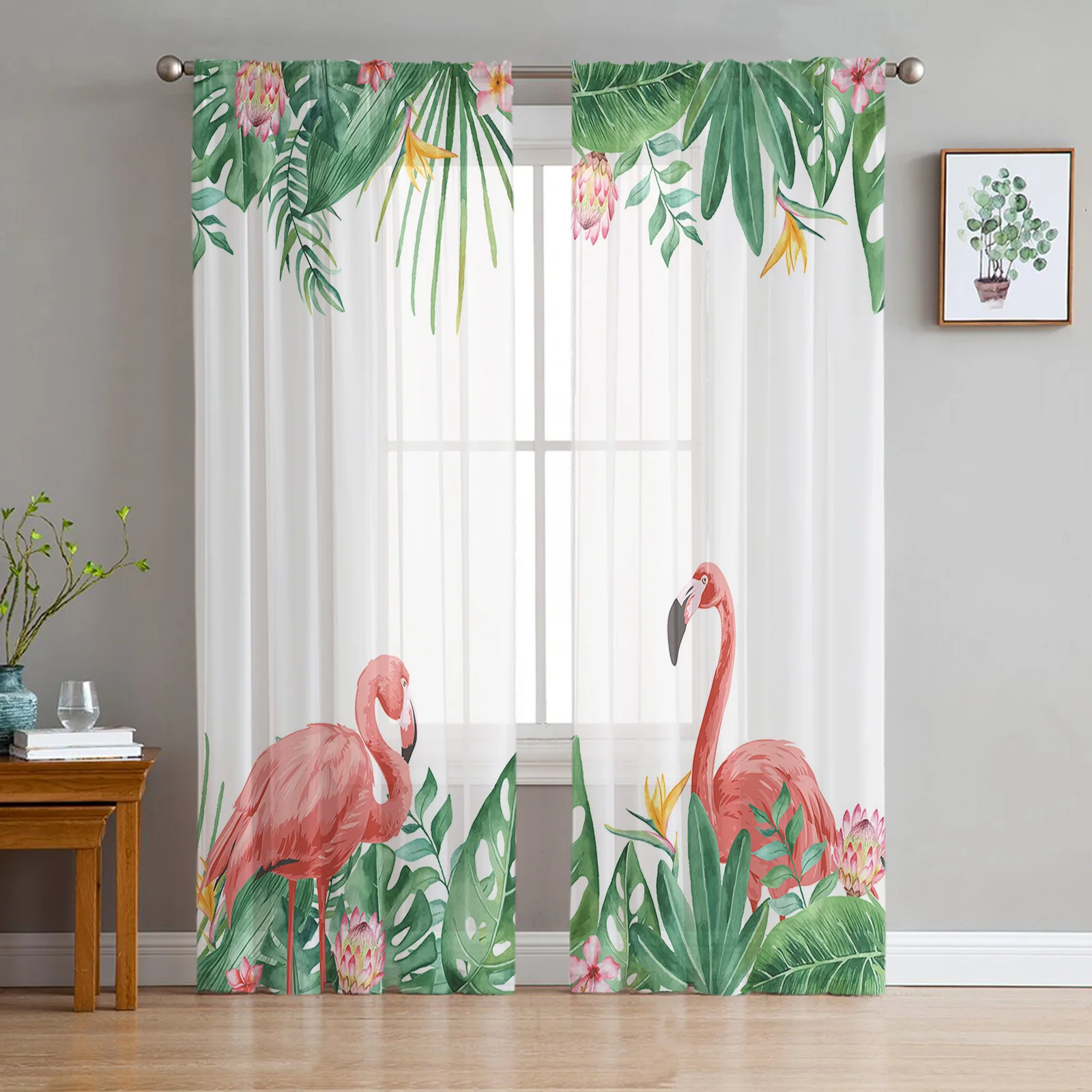 

Tropical Plant Flamingo Palm Leaf Voile Sheer Curtains For Living Room Window Tulle Curtain Kitchen Bedroom Drapes Home Decor