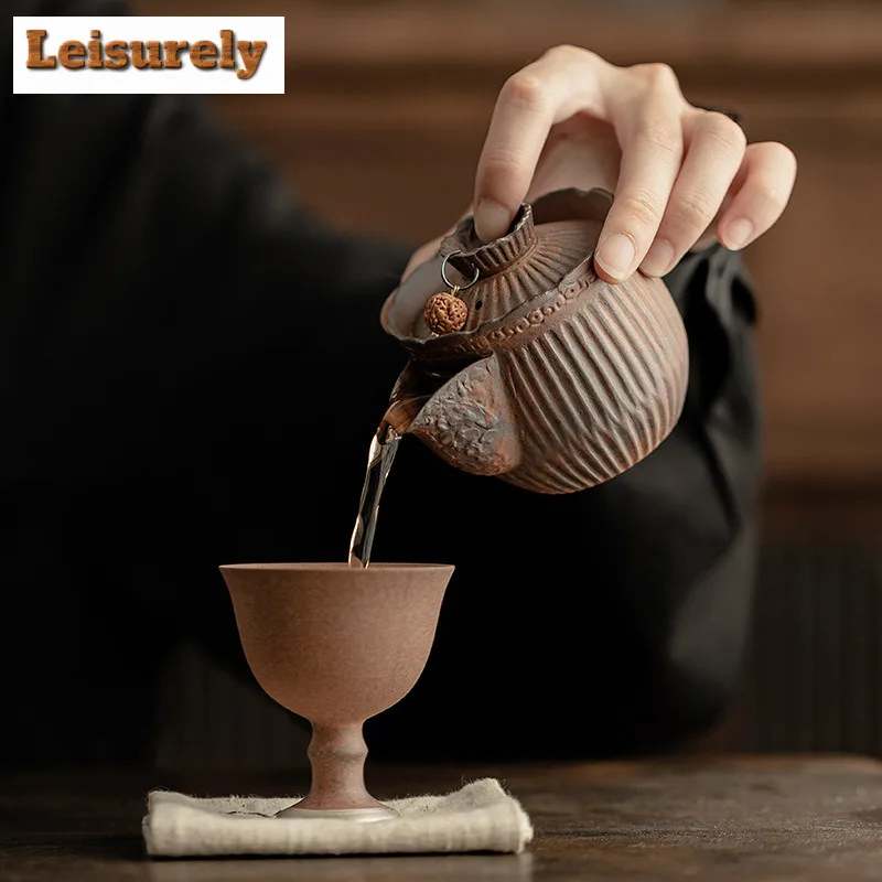 120ml Retro Old Rock Mud Teapot Japanese Coarse Pottery Striped Hand-held Pot Tea Making Kettle Tableware Accessories Ornaments