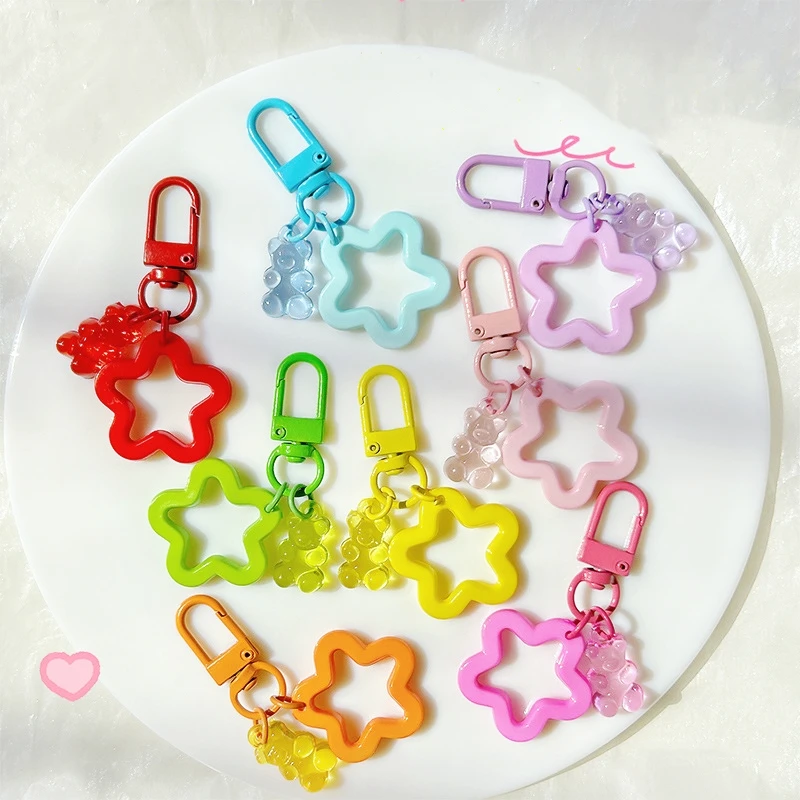 10pcs Metal Keyrings Buckle With Stars Bear Pendant Colored Keychain For Diy Jewelry Making Key Ring Accessories Wholesale