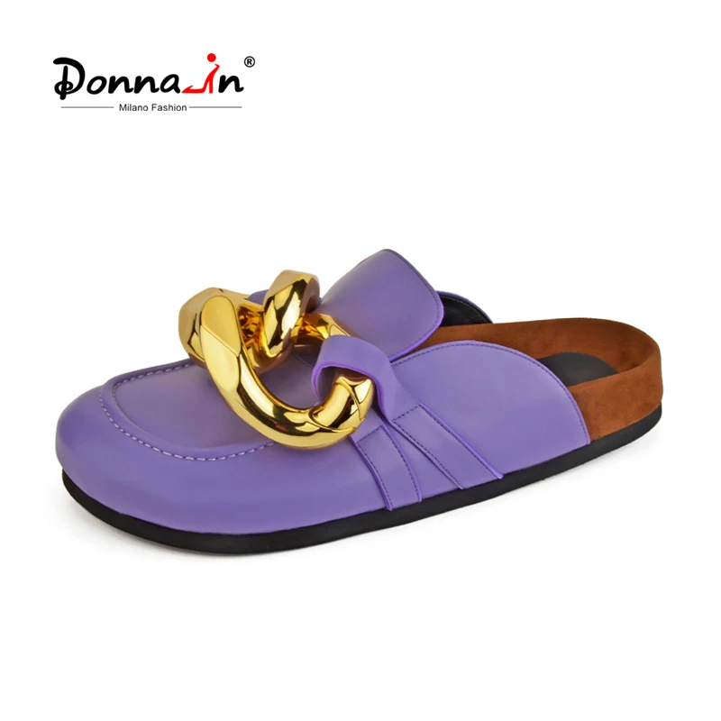 Donnain 2022 New Summer Purple Mules For Women Gold Chain Slippers