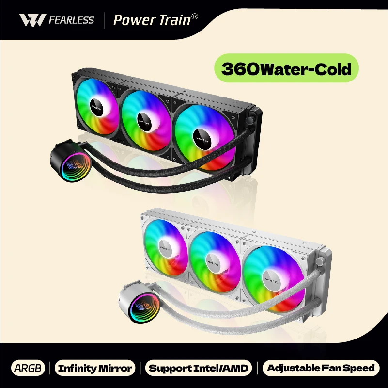 POWER TRAIN Liquid CPU Cooler DL360A, White Black ARGB, All In One Water Cooling Radiator, 5V 3PIN ARGB Fan, CPU Liquid Cooler