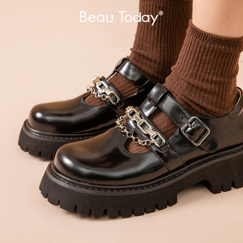 

BeauToday Mary Janes Women Genuine Cow Leather Lolita Shoes Round Toe T-Strap Metal Chain Decoration Female Flats Handmade 28454