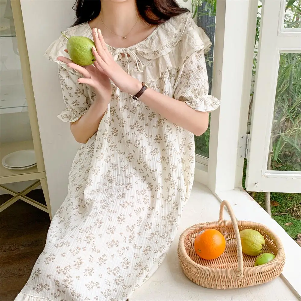 Soft Floral Print Flowers Flounce Short Sleeve NightDress Women Summer Cotton Sleepwear Ins Comfortable Casual Elegant Loose