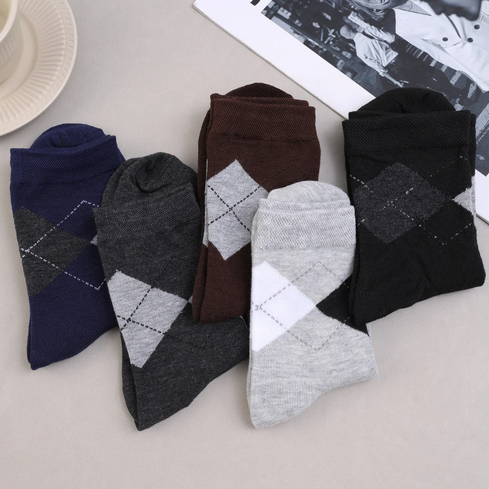 5Pairs Men Long Socks Diamond-shaped Lattice Mature Stylish Vintage Men Sock Practical  Care Skin Bamboo Fiber Sock Meia