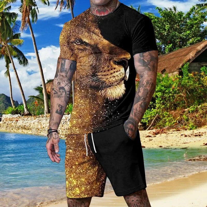 

Lion print T-Shirts 2Pcs Sets 3D Printing Sweatshirt Men's Casual Tracksuits Short Sleeve T Shirt Set Man Suits Clothing