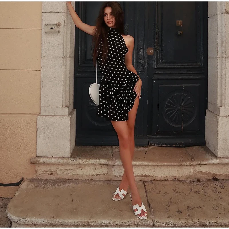 Damen-Minikleid mit Polka Dots, Neckholder, hoher Kragen, ärmellos, rückenfrei, ausgestelltes Kleid mit Schnürung, lässig, für Party, Club, Streetwear, Vestidos – Detail 9
