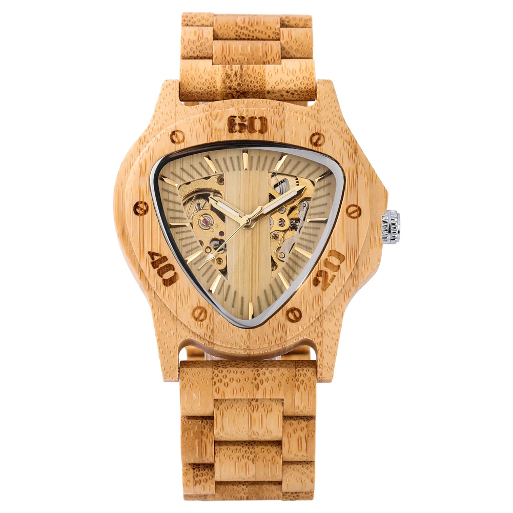 Automatisk mekanisk herrklocka med armband i bambu och trä_voghion.com