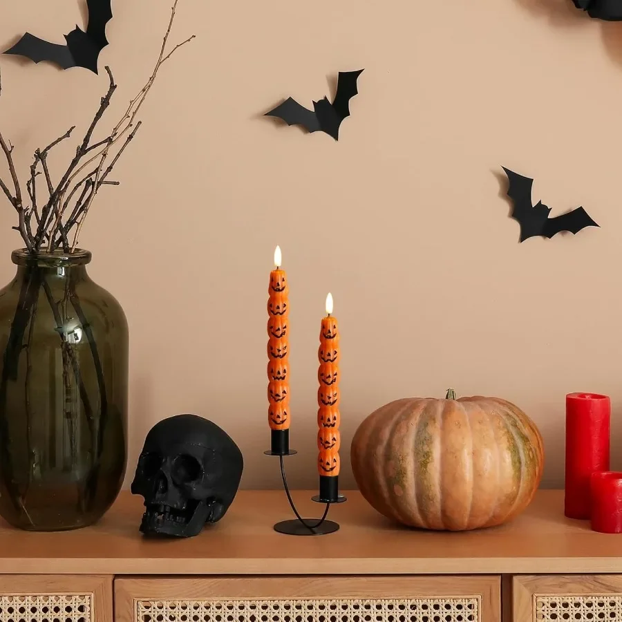 Flameless Taper Candles with Remote Control Flickering LED for Halloween Decorations Battery Operated Spooky Wax Candlesticks S