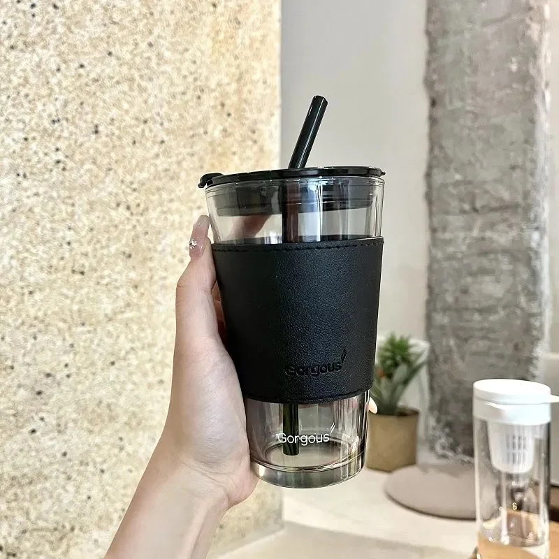 Glass Straw Cup With Thermal Insulation Cover 350/450ml Portable Coffee  Milk Tea Juice Reusable Glass