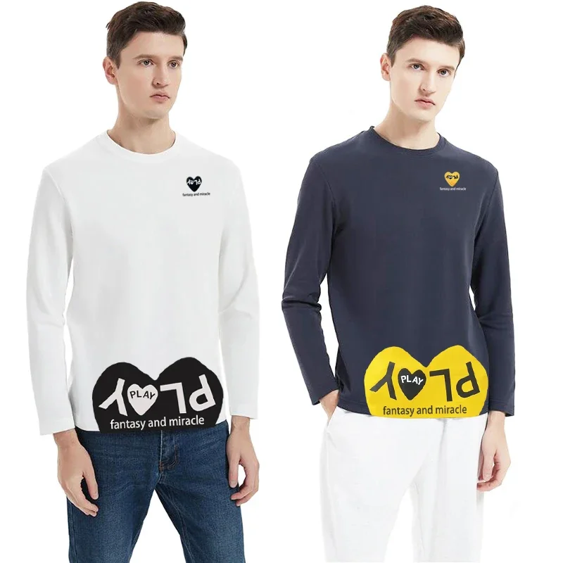 

Мужская и женская футболка с длинными рукавами, хлопковая прямая повседневная футболка с круглым вырезом, вышивкой сердечками, буквами и принтом