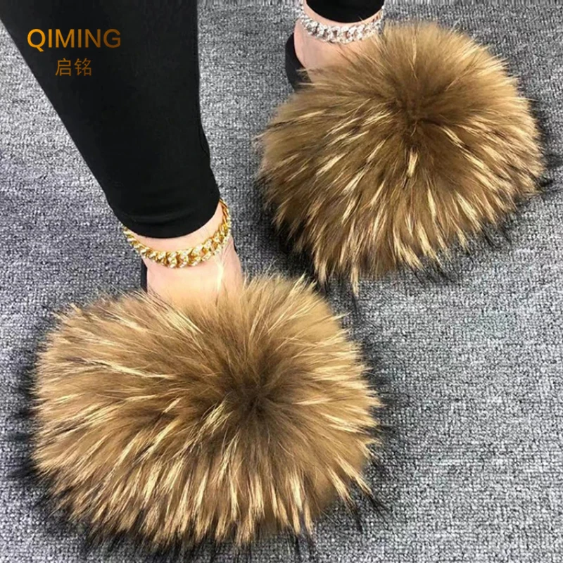 Summer Fur Slippers Raccoon Furry Real Fur Slides For Women Outdoor Plush Fluffy Cozy Open Toe Fuzzy Flip Flops Cute Sandals