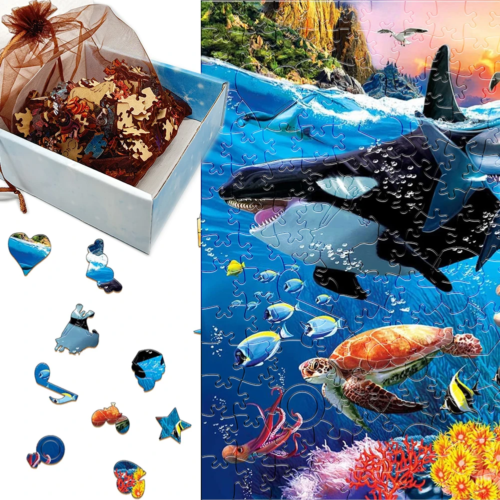 Dolphin Whale Shark Fish Animal Wooden jigsaw Puzzle Adult Children's Educational Toys Holiday Gift Underwater World 4