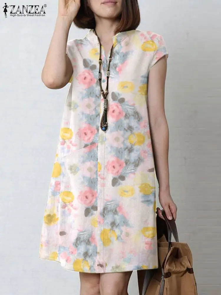 

ZANZEA Bohemian Floral Printed Dress Woman Short Sleeve V-Neck Dresses Female Elegant Sundress Summer Casual Holiday Vestidos