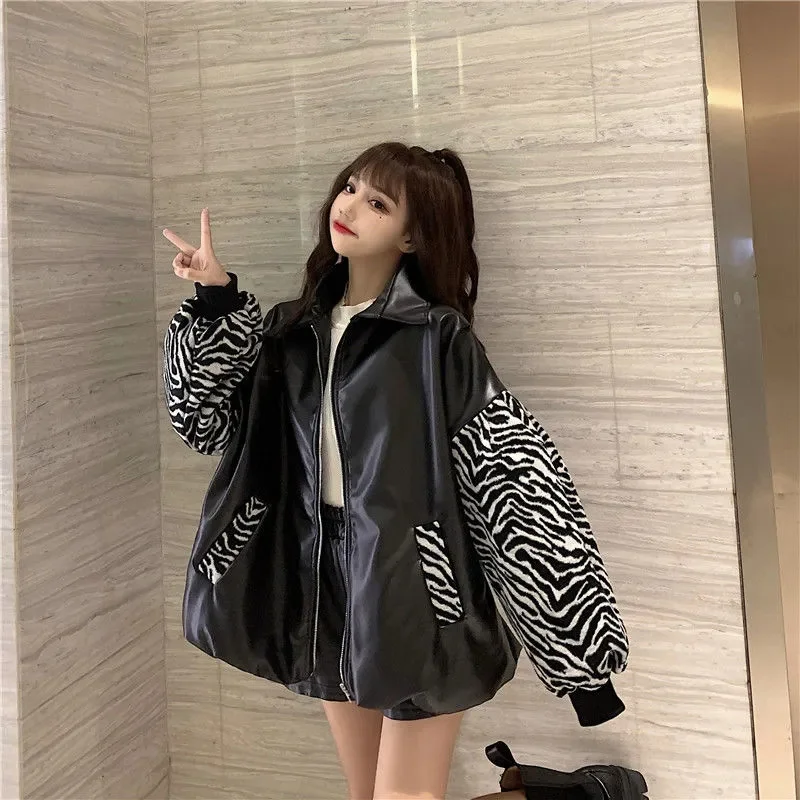 2022 Korean Version Autumn and Winter Small Short Jacket Cotton Long-Sleeved Jacket Women's Leather Stitching Woolen Lazy Wind X