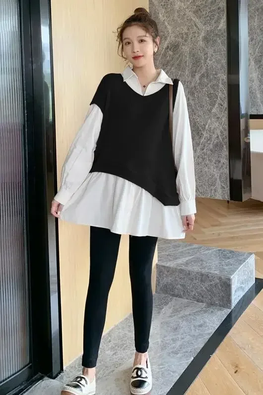 Spring Maternity Clothing Set Long Sleeve Turn-down Collar Knitted Pullovers+black Leggings Pregnant Woman Shirts Twinset
