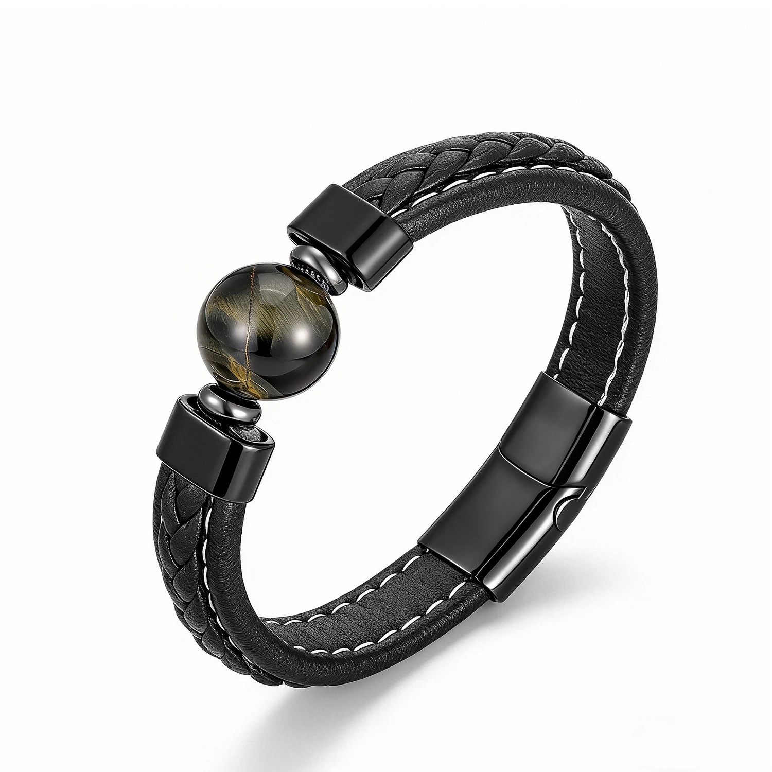 Herren-Armband aus Naturstein und Leder, Tigerauge, Lavastein, Edelstahl, Magnetverschluss, modischer Vintage-Schmuck für Männer – Detail 5
