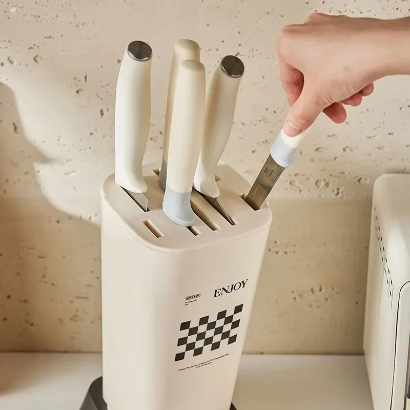 Cream-Style Kitchen Storage Rack: Multi-Functional Knife Holder with Drainage for Utensils and Knives 4