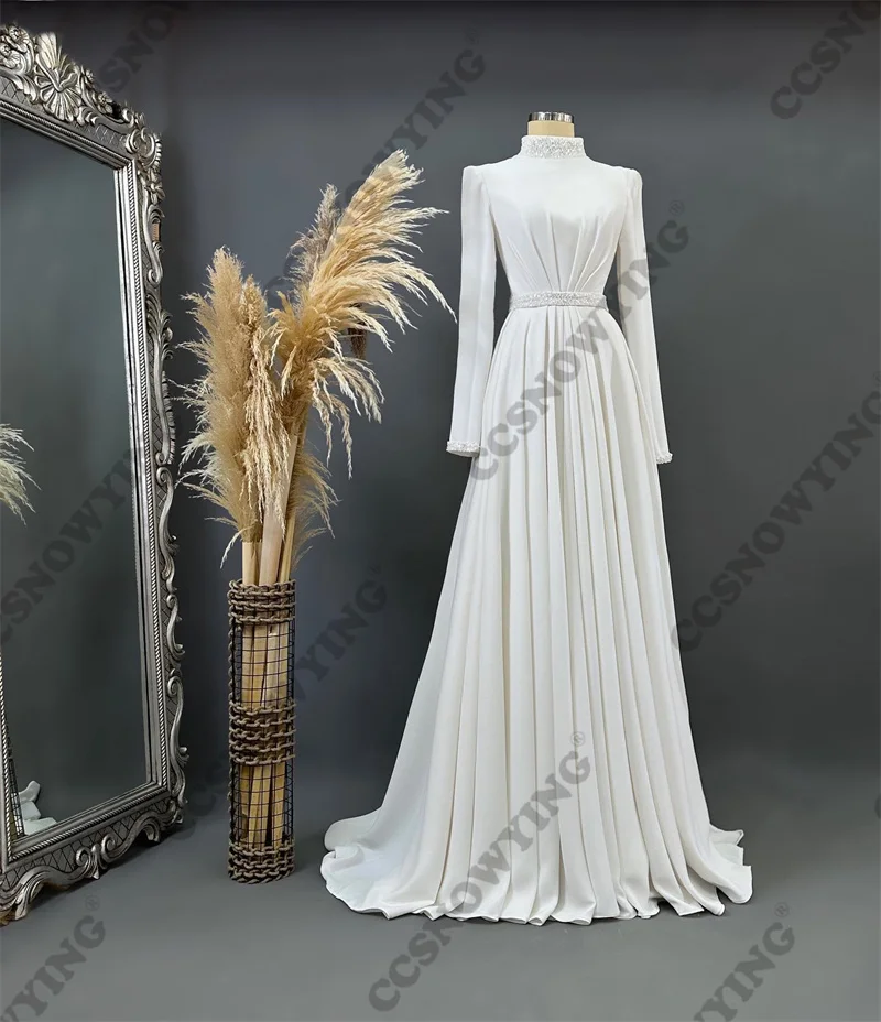 

Атласное свадебное платье в мусульманском стиле с бусинами и длинным рукавом для невесты с высоким воротником хиджаб исламские Свадебные платья для женщин арабское платье для невесты