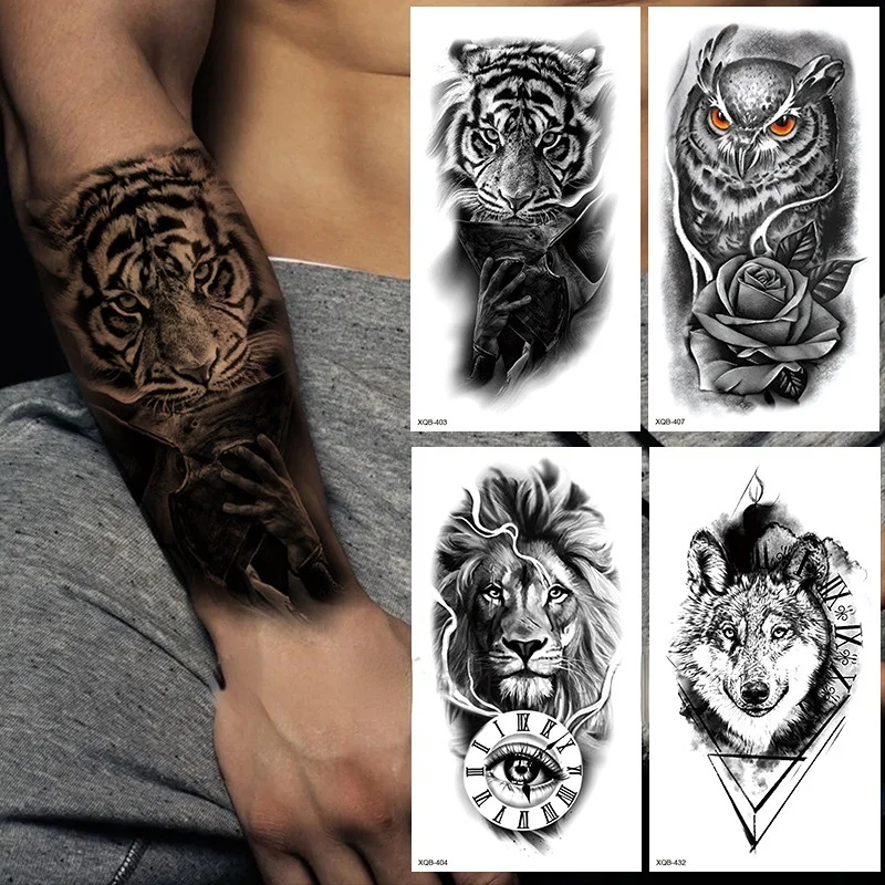 

Small Full Arm Tattoo Sticker Plain Skull Flower Realistic Lion Tiger Tattoo Paper Waterproof 11.4*21 cm