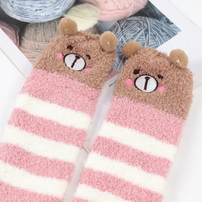 Women Lolita Cute High Socks Harajuku Winter Striped Coral Velvet Long Socks Warm Thicke Knee Length Socks Home Towel Stockings