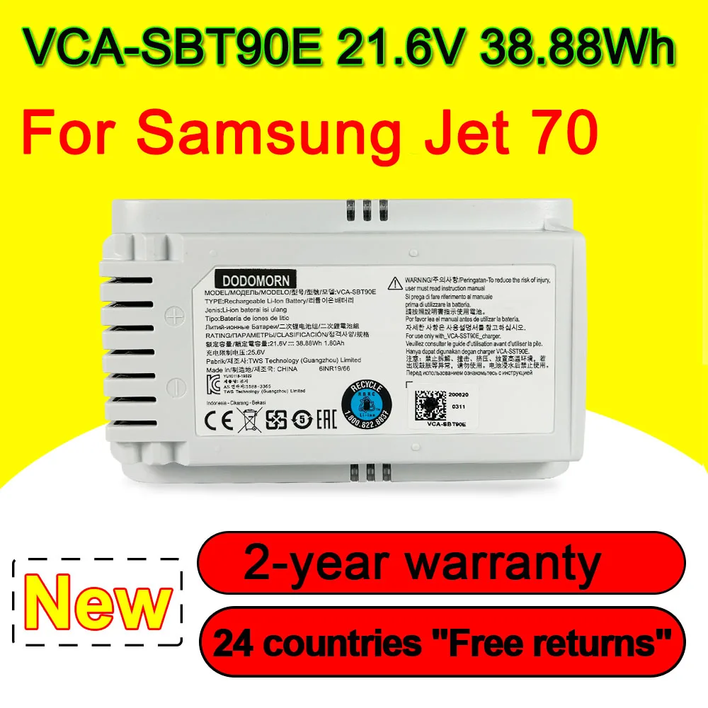 

21.6V 38.88Wh VCA-SBT90EB VCA-SBT90E Battery For Samsung Jet70 Vacuum Cleaner Batteries 1.8Ah Rechargeable In Stock High Quality