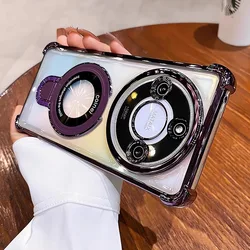 Luxury Magnetic Holder Shockproof Transparent Silicone Case with Airbag Plating - Honor Magic 5 Pro (Purple)