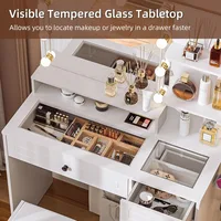 Makeup Vanity Desk with Mirror and Lights White Vanity Set with Drawers and Stool Glass Top Dressing Table Shelves 2