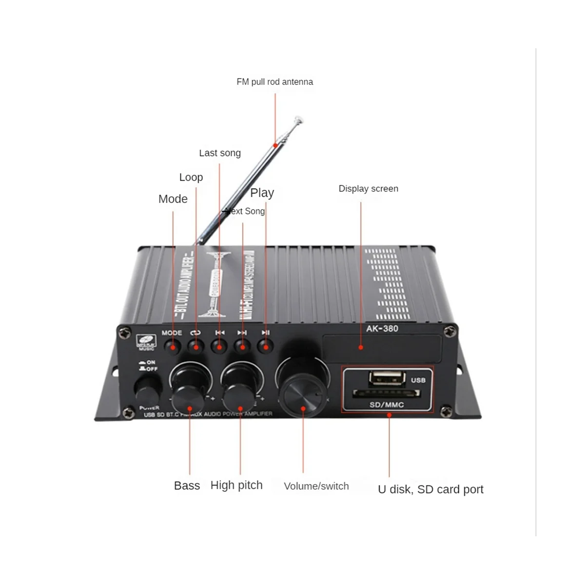 

AK380 Hifi аудио домашние Цифровые усилители автомобильная аудиосистема бас мощный Bluetooth усилитель FM USB SD радио сабвуфер колонки