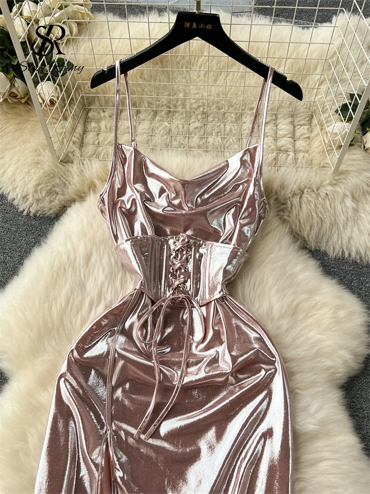 SINGREINY السباغيتي حزام سبليت فستان طويل 2025 السيدات جلدية وهمية الدانتيل يصل Bodycon فستان الشمس Y2K Hotsweet لامعة سليم فستان الحفلات