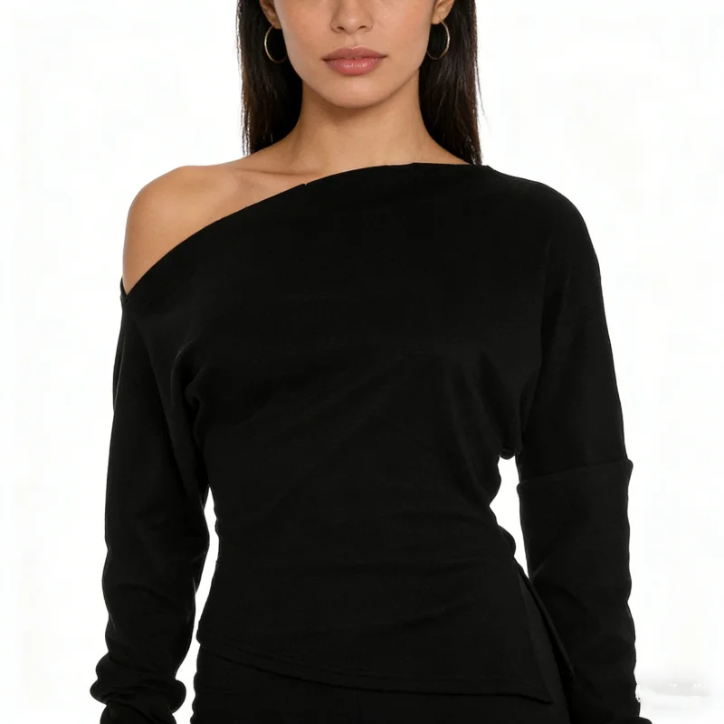 Y2k Fashion New Spring Autumn Women's Diagonal Neck Off-the-shoulder Long sleeved T-shirt Elegant Waist Split Solid Color Top