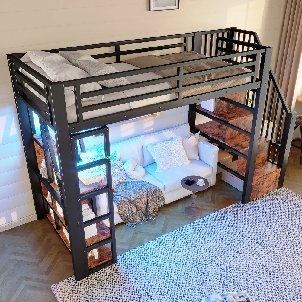 90 x 200 cm/140 x 200 cm Hochbett, Eisenrahmen, integrierte Stufen, Geländer, Leiter, mit LED-Lichtleiste, offener Stauraum unter dem Bett – Detail 6