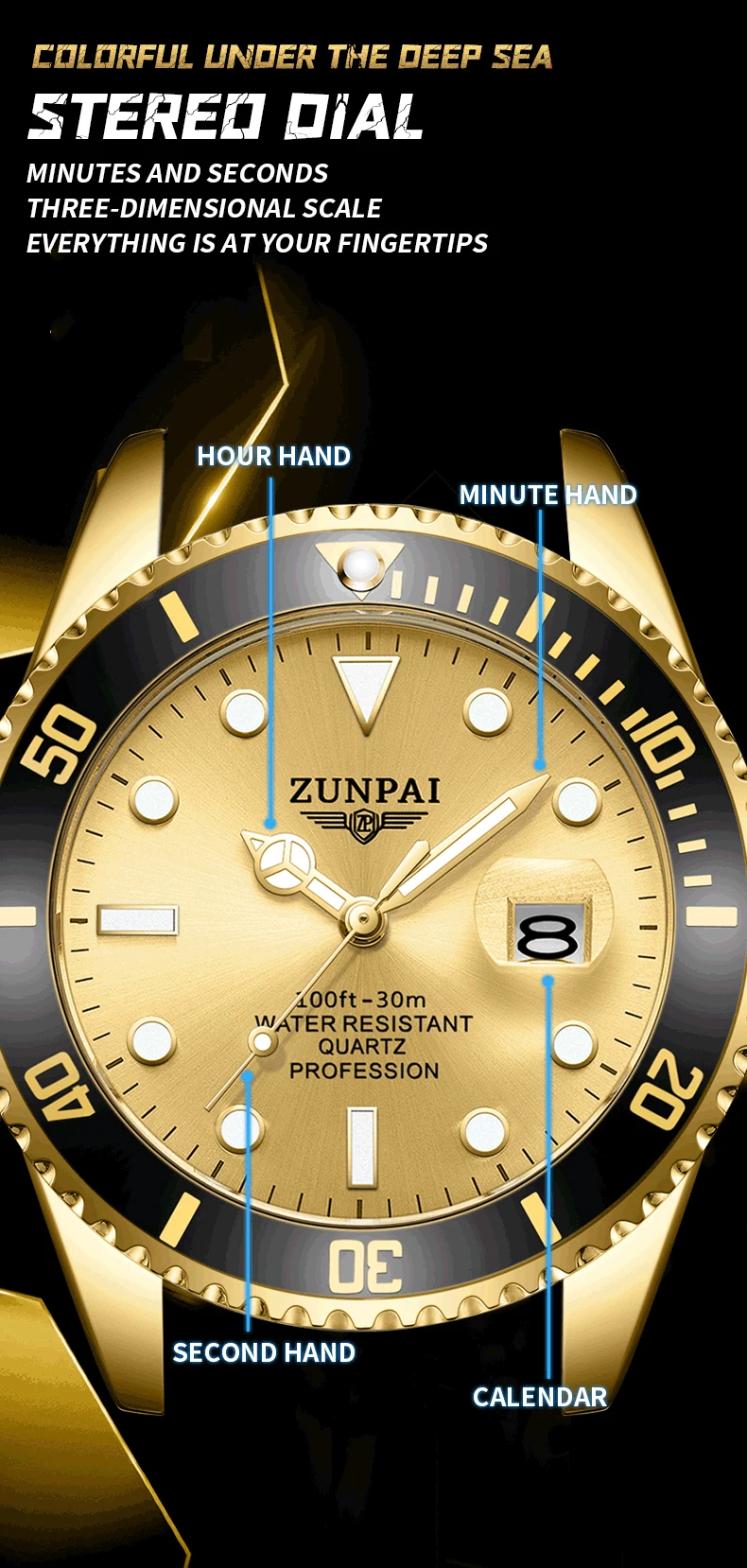 100%Original ZUNPAI Watch for Men's Waterproof Sports Stainless Steel Diving Wristwatches Golden 2022New Fashion Luxury TOPBrand
