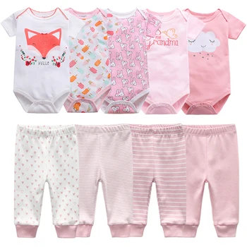 Vestiti appena nati Set Tute + Pantaloni 9 pezzi Abiti per neonata Rosa Dolce Bambino Ragazzo Autunno Abbigliamento 0-12M Regalo di nascita infantile Morbido