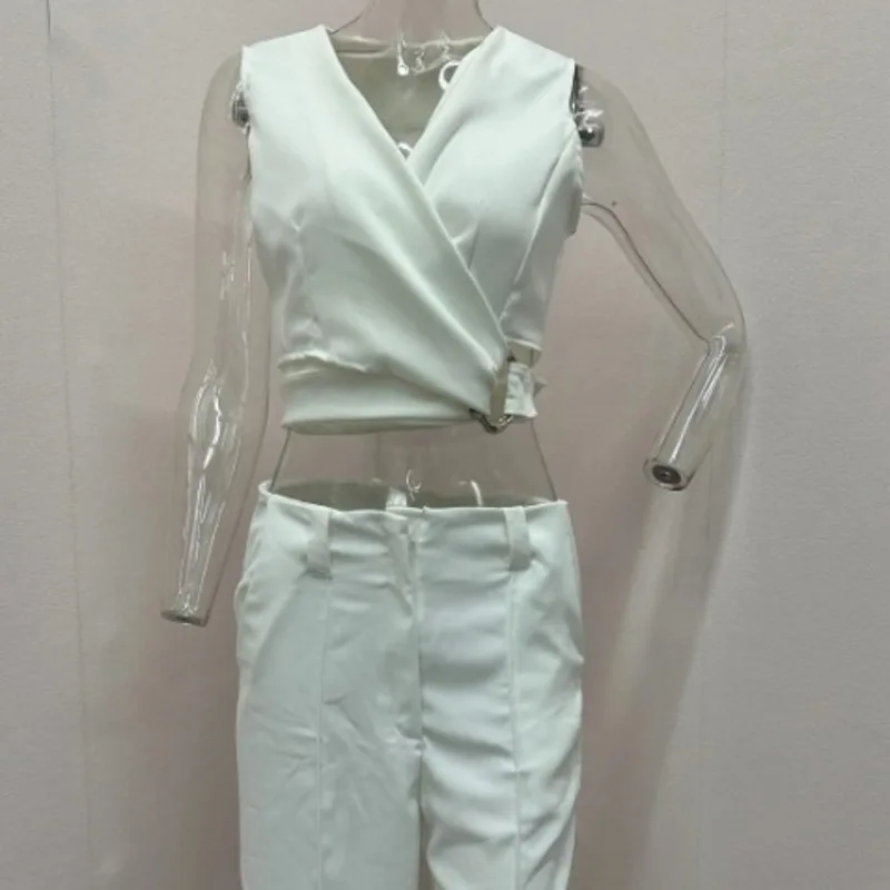 Sexy Backless Women Pants Suits Slim Fit Fashion Sweet Style V-Neck Sleeveless Metal Buckle Vest High Waist Solid Wide Leg Pants