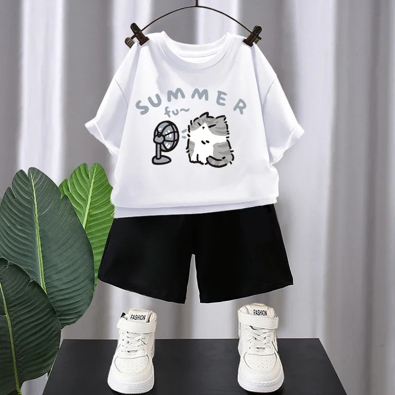 Children T Shirt Cute Cat Printed Spring Kids' Sports Tees Breathable Cotton Top for Kids 4-12T
