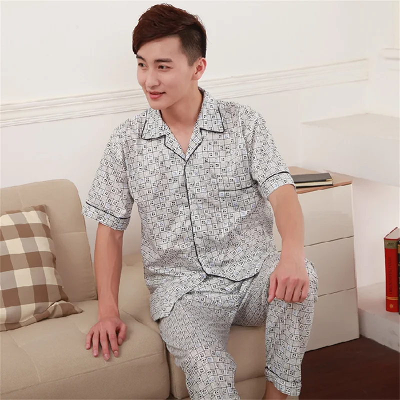 Summer Men's Thin Knitted Cotton Pajamas Short Sleeve Pants Fashion Loose Fit Casual Oversized Home Clothing Set