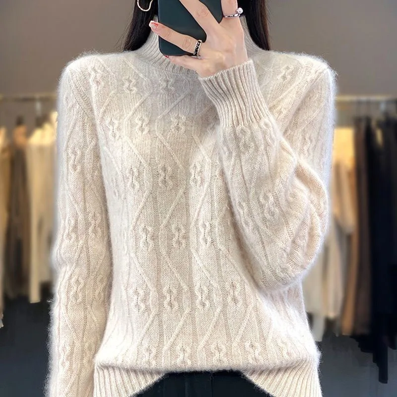 

New Autumn and Winter Fashion Korean Solid Fried Dough Twists Half High Collar Thickened Loose Versatile Western Women's Sweater