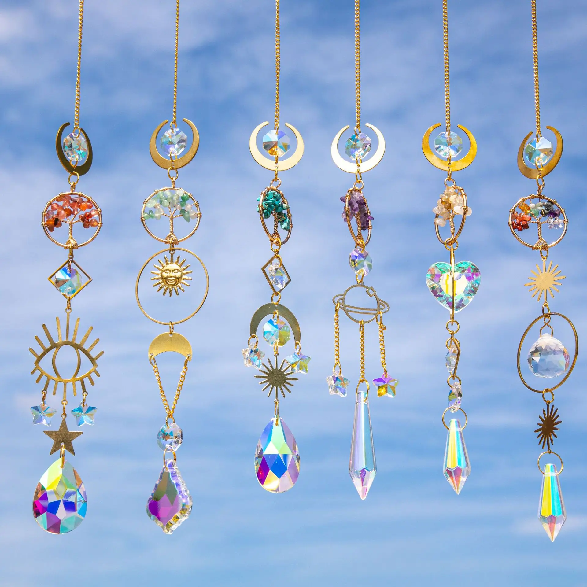 Tree of Life Agate Moon Suncatcher Crystal Pendant Prisms Rainbow Wind Chimes for Home Garden Window Christmas Tree Decoration