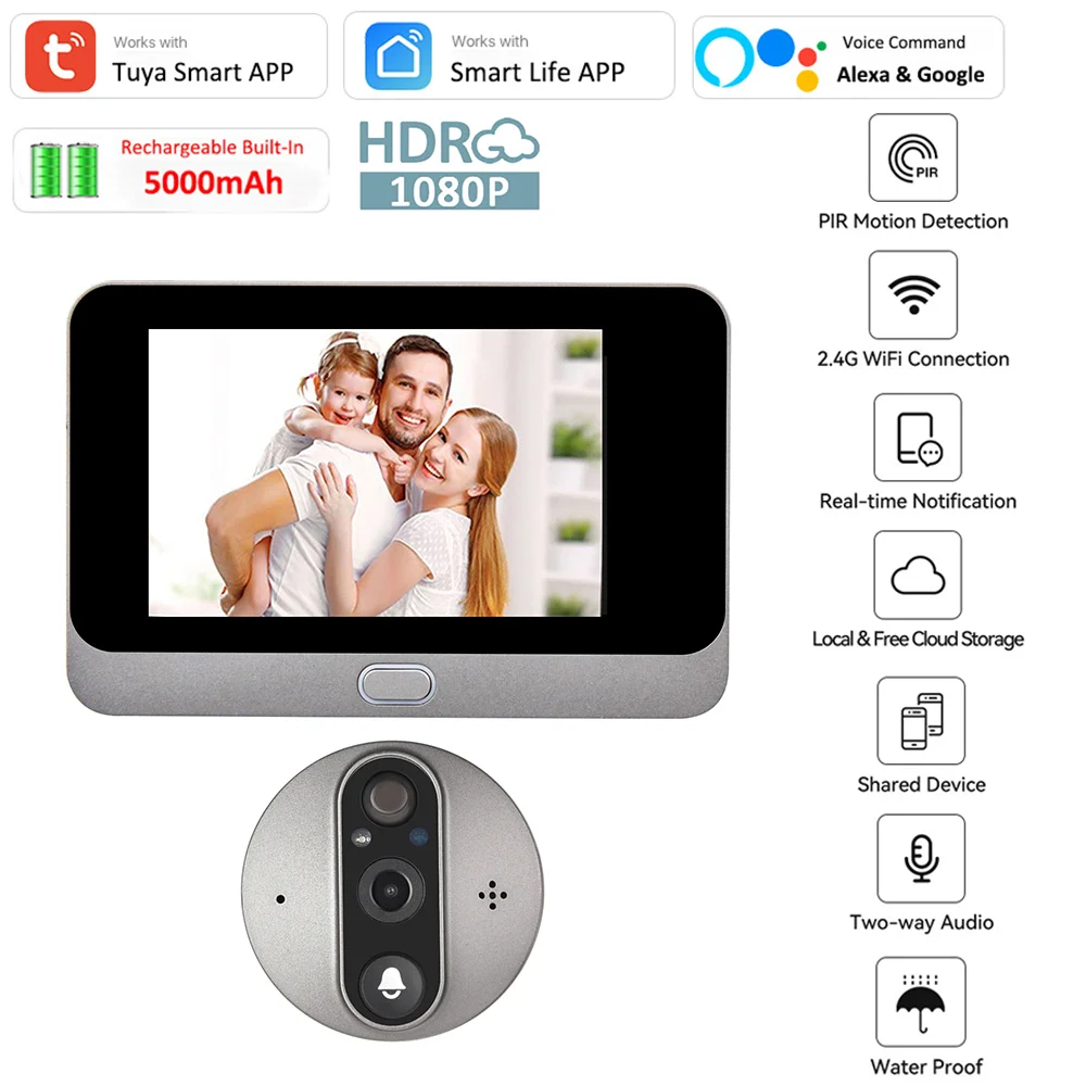 Tuya Smart Wifi Door Peephole Camera 1080p Hd Video Door Bell Pir