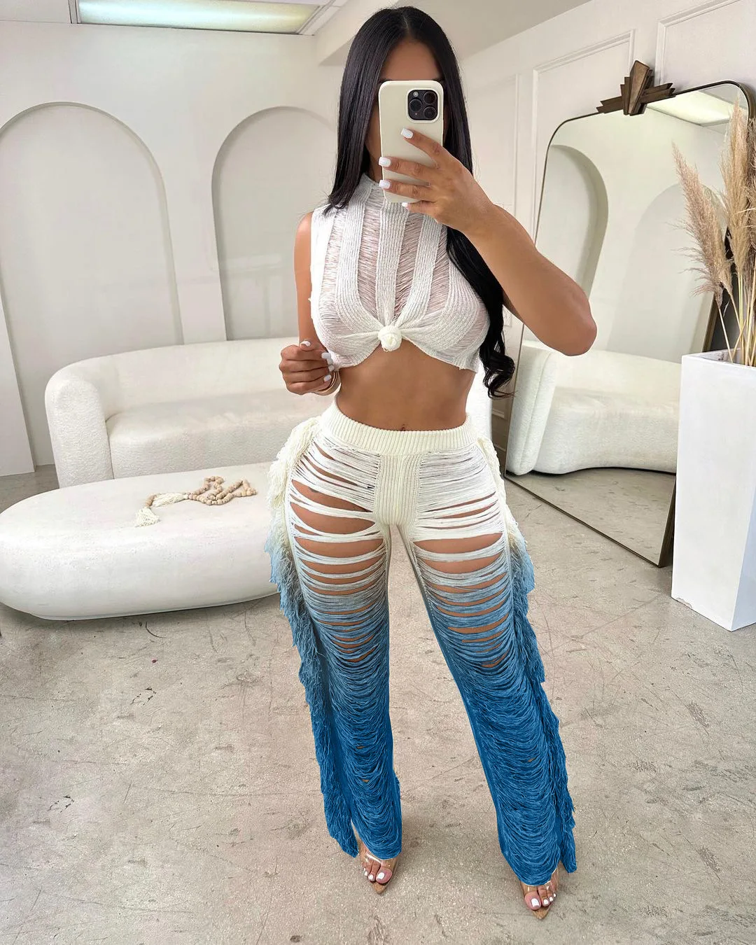 

Women's Knitted Two Pieces Set Hollow Out Tank and Gradient Pants Suit 2023 Summer Crochet Beach Swimwear Cover Ups Tracksuit