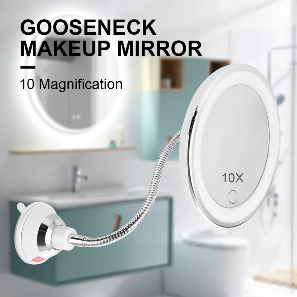 Espejo de maquillaje con aumento de 10 aumentos, espejo de tocador con  cuello de cisne flexible con luz LED con ventosa de bloqueo de energía para  el