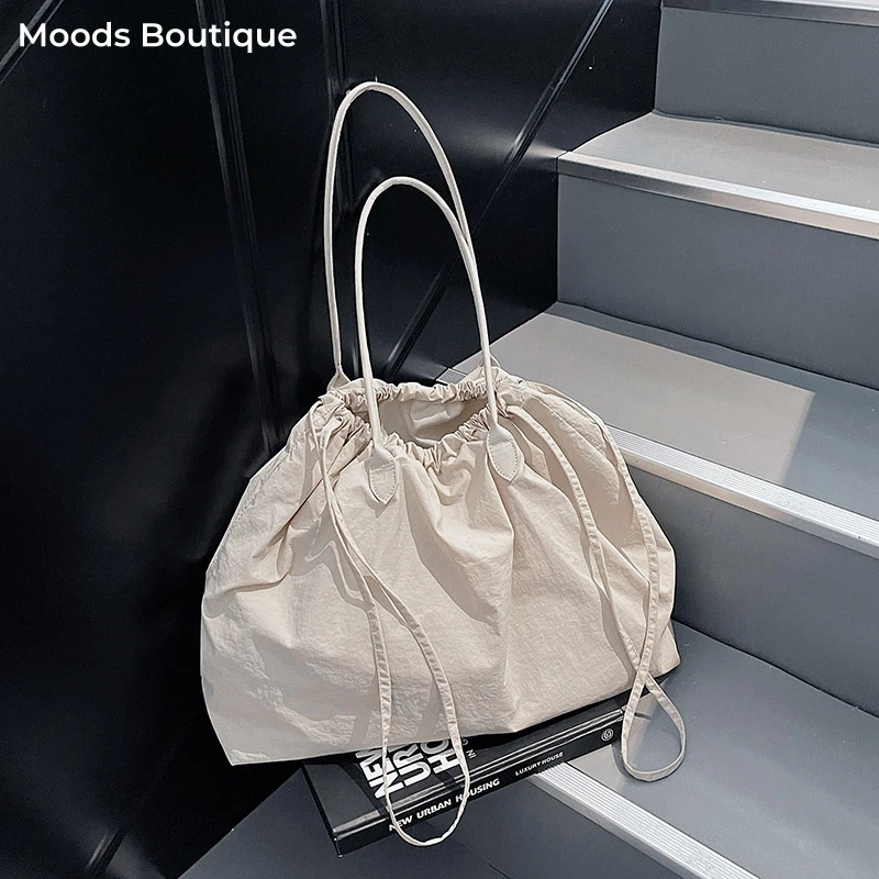 Big Drawstring Bucket Shoulder Bags For Women Nylon Fabric Lightweight Large Capacity Shopper Totes Pure Color Practical Handbag