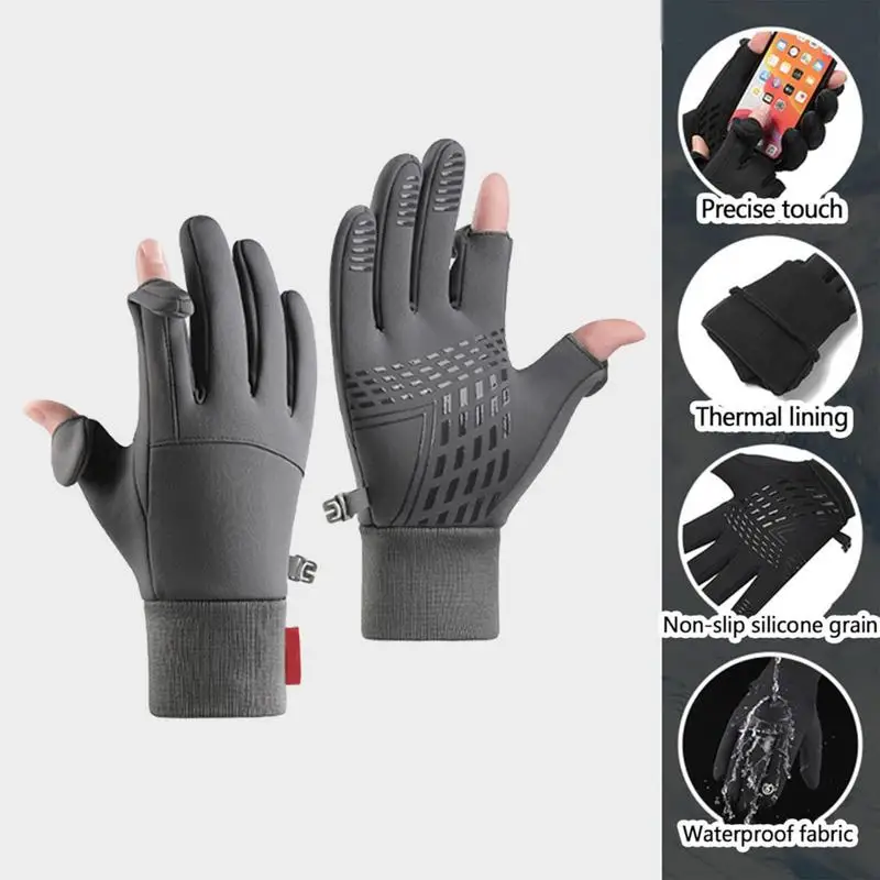 Hiking Gloves Waterproof Non-slip Gloves With 2 Fingerless Design Fleece-Lined Winter Gloves Warm Running Gear For Women Men 5