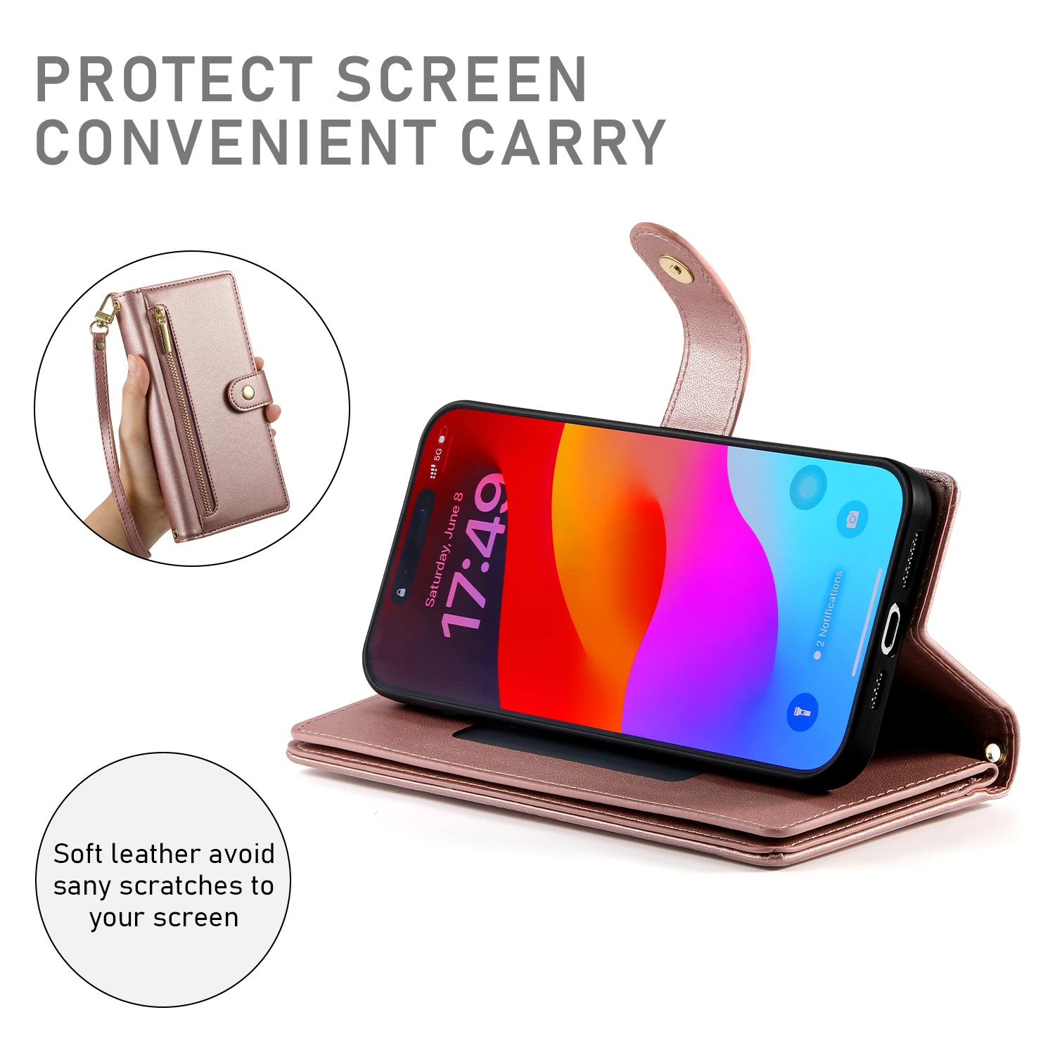 Étui portefeuille en cuir à fermeture éclair pour iPhone 15 Pro Max 16 14 Plus 13 12 11 SE4 XS MAX avec lanière et poche pour cartes_voghion.com
