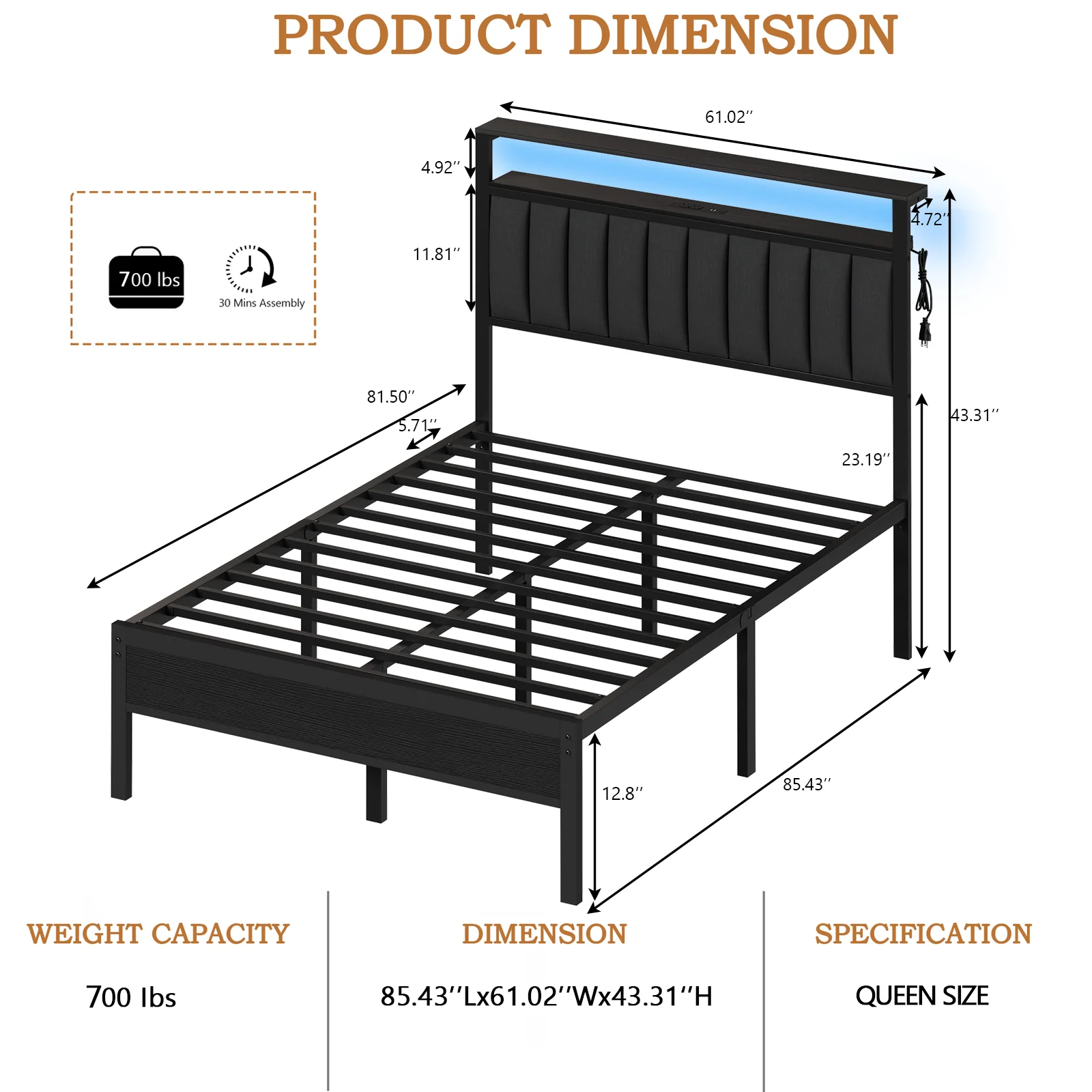 Full/Queen size bed frame with charging station, LED bed frame, headboard with frame, platform bed frame, soft cushion bed frame 4